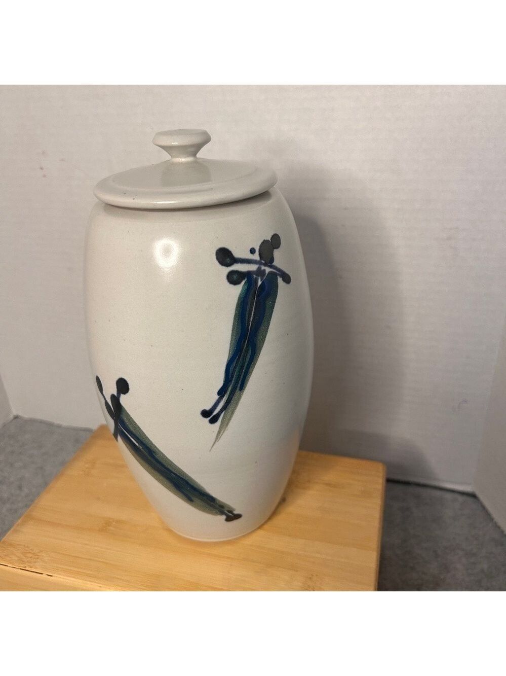 Stoneware Hand Thrown White Ginger Jar Blue Green Decoration Signed 9x5”